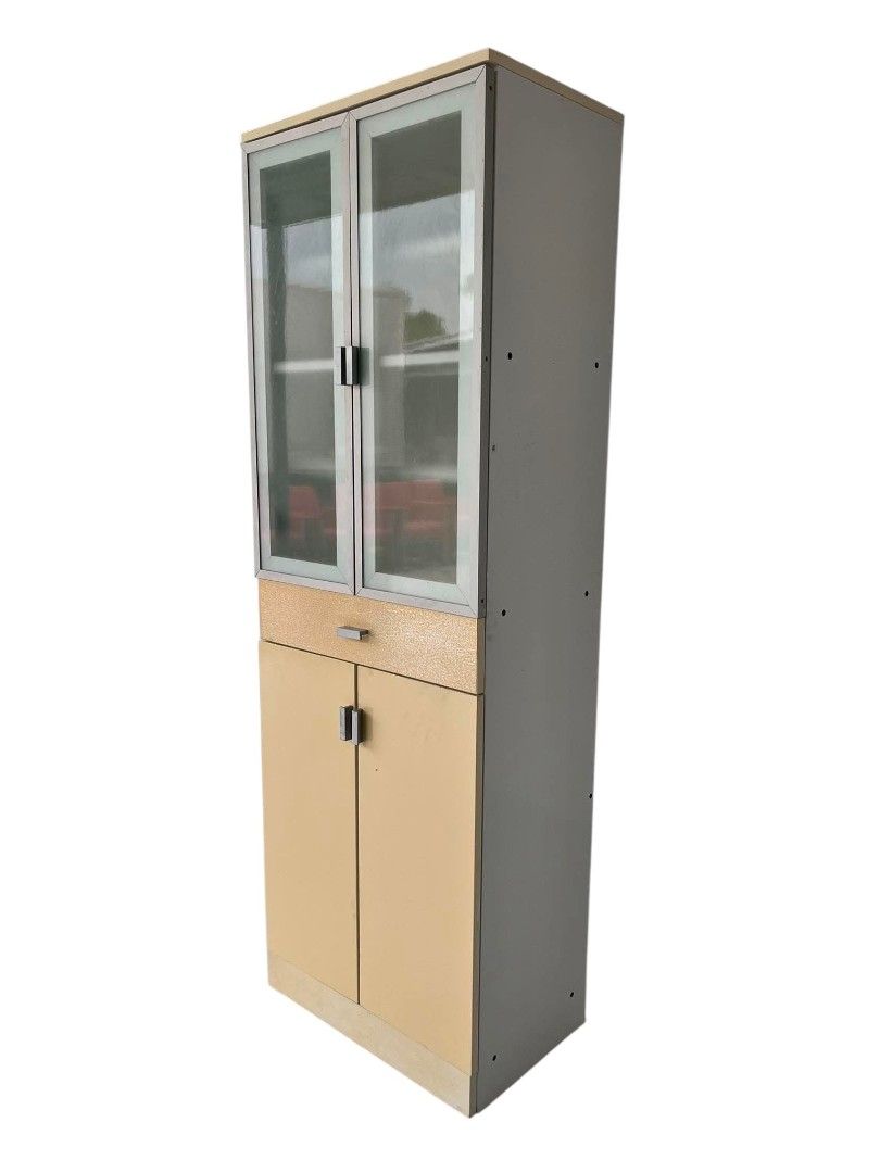 4-DOOR DRAWER KITCHEN CABINET (Category: Shelves, Cabinets & Racks) located in Mexico. Submitted by mgracejapansurplus (Listing ID 1470557729, Image 3). Description: NEW ARRIVAL 🔥 JAPAN SURPLUS 🇯🇵 4-DOOR DRAWER KITCHEN CABINET ✨ - Compact tall storage cabinet in light cream finish - Top section: 2 frosted glass doors with internal shelves - Middle: 1 spacious drawer for utensils & small items - Bottom: 2 solid doors for larger storage - Space-