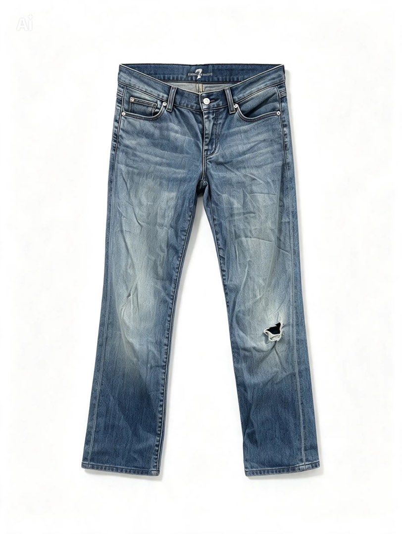 7 FOR ALL MANKIND (Category: Jeans) located in Davao. Submitted by sart0ria85 (Listing ID 1470681120, Image 1). Description: 7 For All Mankind distressed straight leg jeans in a medium blue wash. Size 25. Classic button fly closure with branded hardware. Subtle whiskering across the front hips. Small intentional distressing detail near the left knee. Straight cut silhouette. 98%COTTON 2%ELASTANE MADE IN MEXICO 🇲🇽 SMALL. Size 3-4 VERY GOOD CONDI