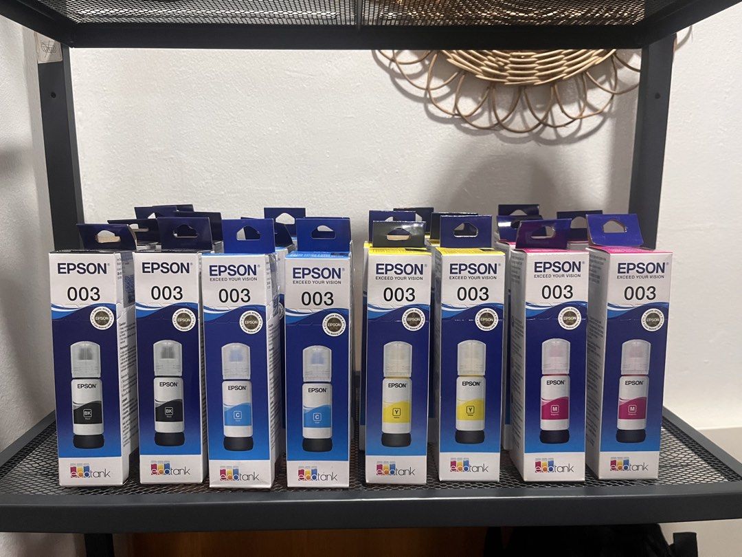 💯 Authentic Epson 003 Ink (Category: Printers, Scanners & Copiers) located in Quezon City. Submitted by littleparties (Listing ID 1470626662, Image 1). Description: - 100% Original Epson 003 EcoTank ink bottles - Available colors: Black, Cyan, Magenta, Yellow - Condition: Brand new, sealed, and unopened boxes - you can scan the qr code to see proof of authenticity - php300 each -php1000 per set.