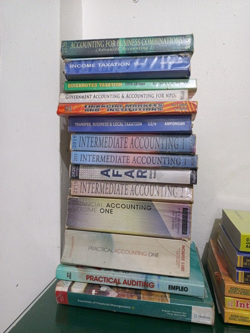Accountancy and Business Law Textbook Bundle (Category: Textbooks) located in Manila. Submitted by terriustpr (Listing ID 1470621295, Image 1). Description: - Complete set of accounting, taxation, auditing, and financial management textbooks - Ideal for BSA students and CPA board exam reviewees - Includes multiple editions across various subjects like income tax, advanced accounting, and intermediate accounting - Selling as a bundle only.