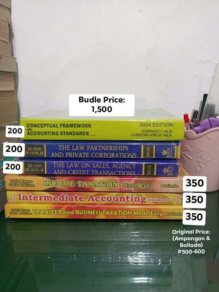 Accounting and Law Textbook Bundle 2024/2025 Editions (Category: Textbooks) located in Manila. Submitted by terriustpr (Listing ID 1470620902, Image 1). Description: - Bundle of 6 Accounting and Law textbooks - Price: ₱1,500 for the whole set (Individual prices: ₱200 - ₱350) - Included titles: * Conceptual Framework and Accounting Standards (2024) * The Law on Partnerships and Private Corporations (2016) * The Law on Sales, Agency and Credit Tran