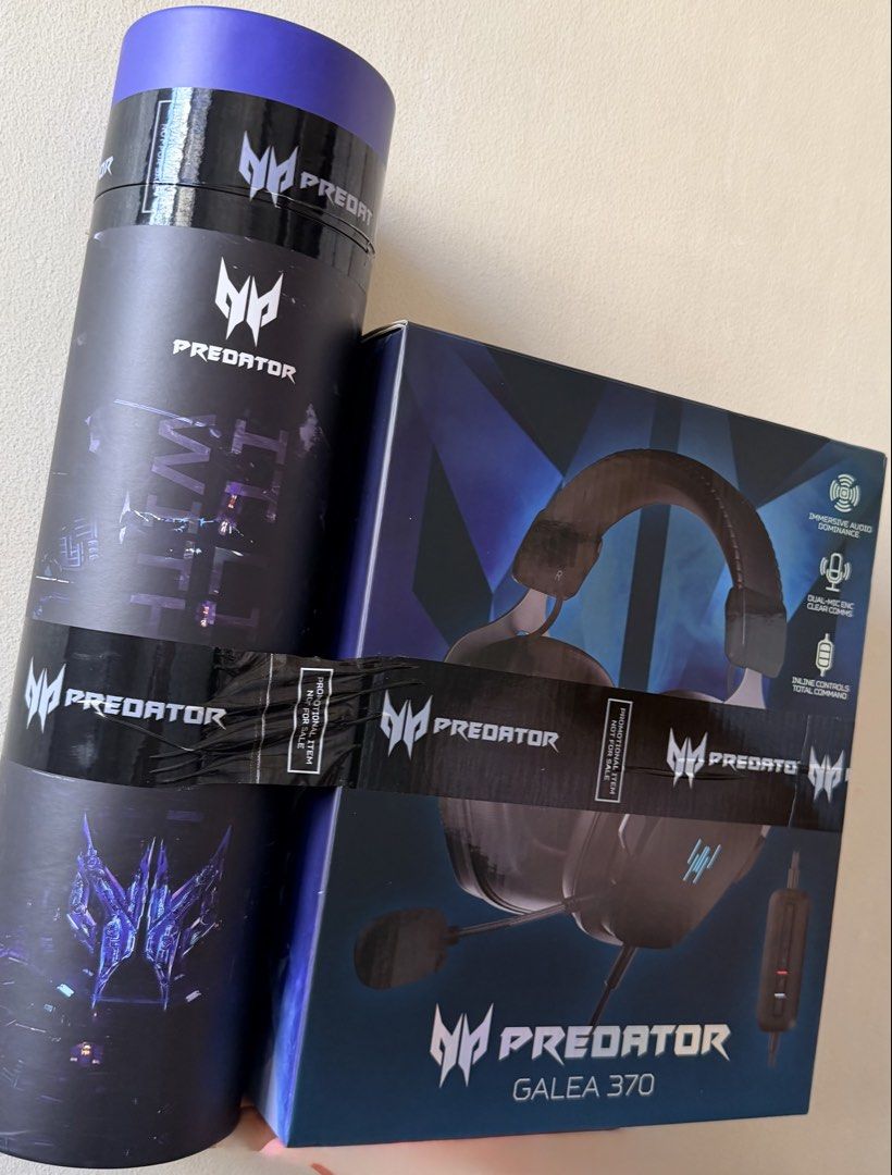Acer Predator Galea 370 Gaming Headset (Category: Headphones & Headsets) located in Mandaluyong City. Submitted by mc090794 (Listing ID 1470647526, Image 3). Description: Acer Predator Galea 370 gaming headset bundled with a promotional Predator cylindrical case. 50mm drivers, dual-mic environmental noise cancellation, and inline controls for 3D or 7.1 surround audio. Unopened retail packaging taped together with the promo cylinder..