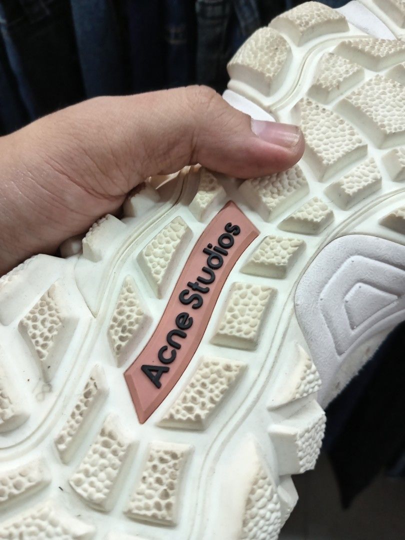 Acne Studios Off-White Chunky Sneakers (Category: Sneakers) located in Manila. Submitted by sonny2k (Listing ID 1470678349, Image 3). Description: - Brand: Acne Studios - Style: Chunky sculpted sneakers - Color: Off-white - Size: EU44 - Materials: Mesh and suede upper with sculpted rubber sole - Details: Embossed logo on bottom, speckled patterned laces, and heel pull tab - Origin: Made in China - Condition: Minor signs of wear on the outsole.