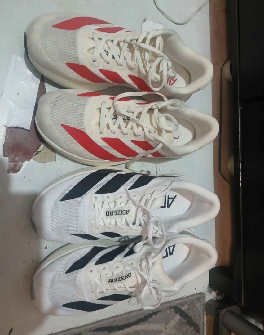 Adidas Adizero Running Shoes (Category: Shoe inserts & accessories) located in Manila. Submitted by jonwick31 (Listing ID 1470641070, Image 1). Description: - Bundle includes 2 pairs of Adidas Adizero running shoes: White/Red and White/Black - Ultra-lightweight mesh boths size 11 no box OEM po ito 2500 for both as pack only qc.