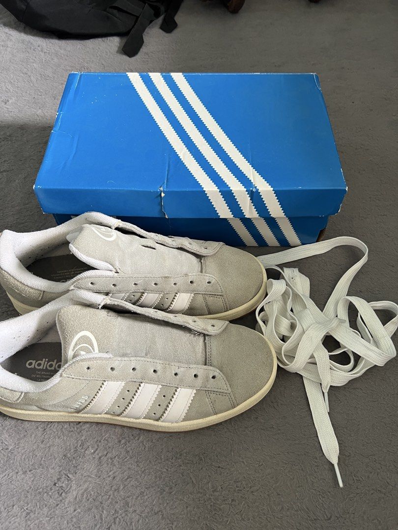 Adidas Campus Grey Sneakers with Original Box (Category: Sneakers) located in Puerto Princesa. Submitted by deadmangarage (Listing ID 1470611548, Image 3). Description: Authentic, bought in Japan (ABC Mart) With thick authentic laces With Box Very clean pair, smooth pa ang suede and intact pa insole logo Signature chunky 2000s skate silhouette with gum sole Ready to wear, no hidden issues.