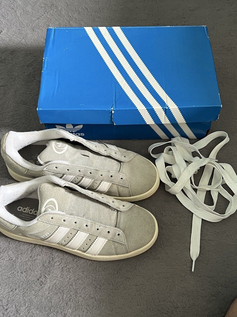 Adidas Campus Grey Sneakers with Original Box (Category: Sneakers) located in Puerto Princesa. Submitted by deadmangarage (Listing ID 1470611548, Image 2). Description: Authentic, bought in Japan (ABC Mart) With thick authentic laces With Box Very clean pair, smooth pa ang suede and intact pa insole logo Signature chunky 2000s skate silhouette with gum sole Ready to wear, no hidden issues.