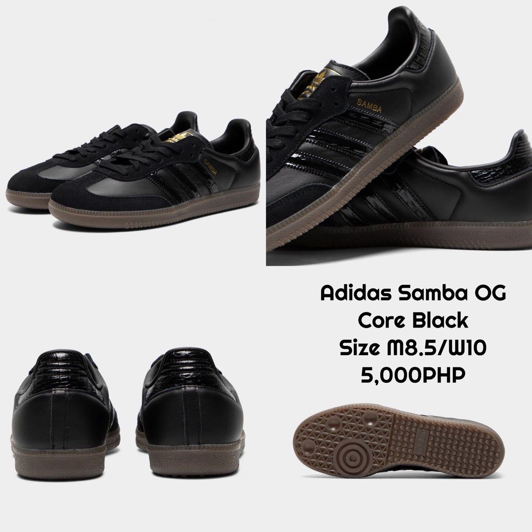 Adidas Samba OG Core Black (Category: Sneakers) located in Cabanatuan. Submitted by beautytrensshop (Listing ID 1470702743, Image 1). Description: - Model: Adidas Samba OG - Colorway: Core Black - Size: US Men's 8.5 / Women's 10 - Material: Leather upper with suede overlays and gum rubber outsole - Details: Iconic three stripes, textured heel tab, and gold SAMBA side lettering .