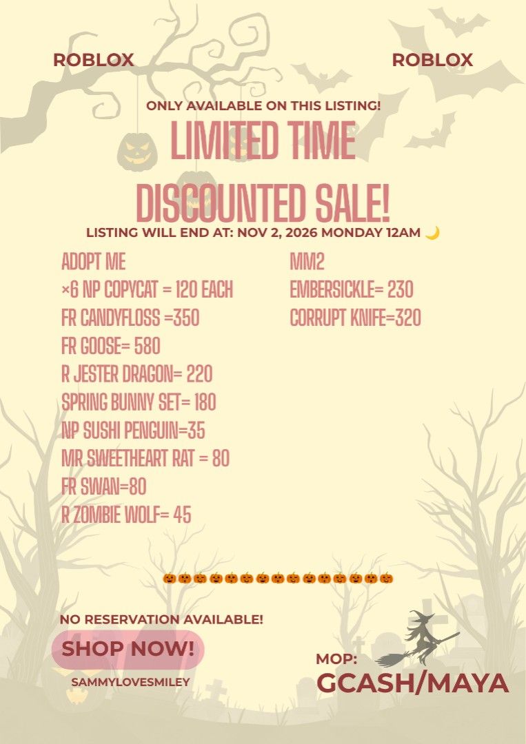 Adopt Me | Mm2 Discounted Sale! (Category: Board Games & Puzzles) located in Iligan City. Submitted by sammylovesmiley (Listing ID 1470718528, Image 1). Description: Item=Price(₱) ☞dm me for fast transaction ☞only accepting GCASH and MAYA for payment ☆fixed price ☆ No refund after the trade.