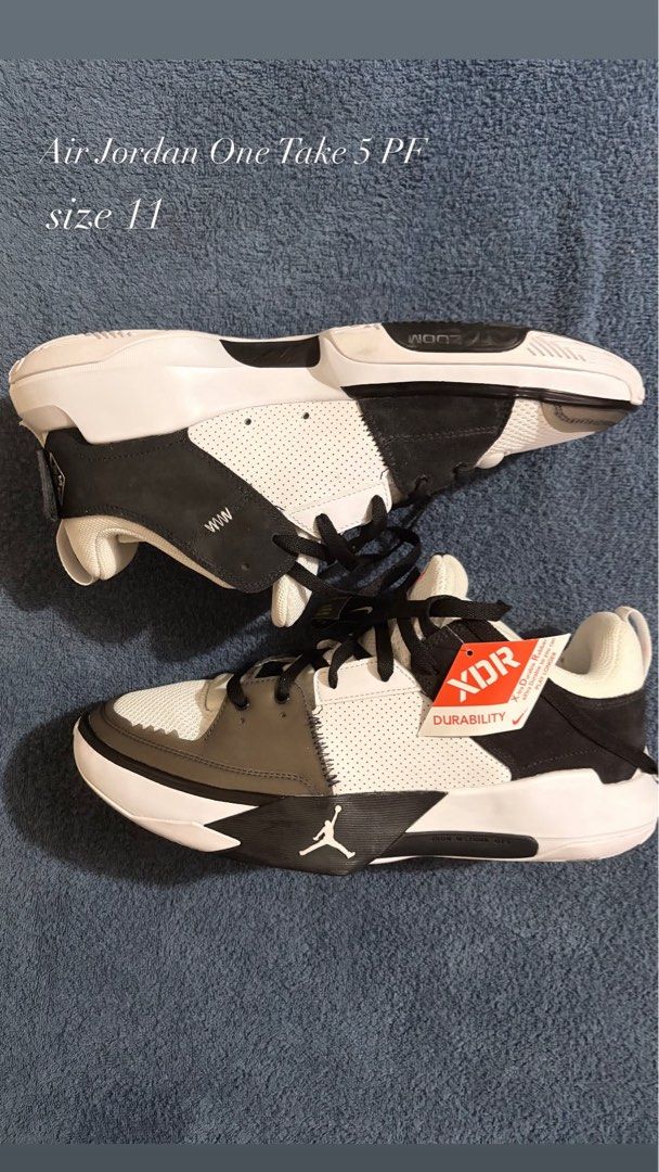 Air Jordan One Take 5 PF Size 11 (Category: Sneakers) located in Manila. Submitted by infectiouslyy (Listing ID 1470641477, Image 1). Description: - Model: Air Jordan One Take 5 PF - Size: Men's US 11 - Colorway: White, Black, and Grey - Condition: Brand new, never worn with original XDR tag attached - Performance: Zoom Air forefoot cushioning for explosive responsiveness - Traction: Durable XDR rubber outsole built specifically for outdoor court