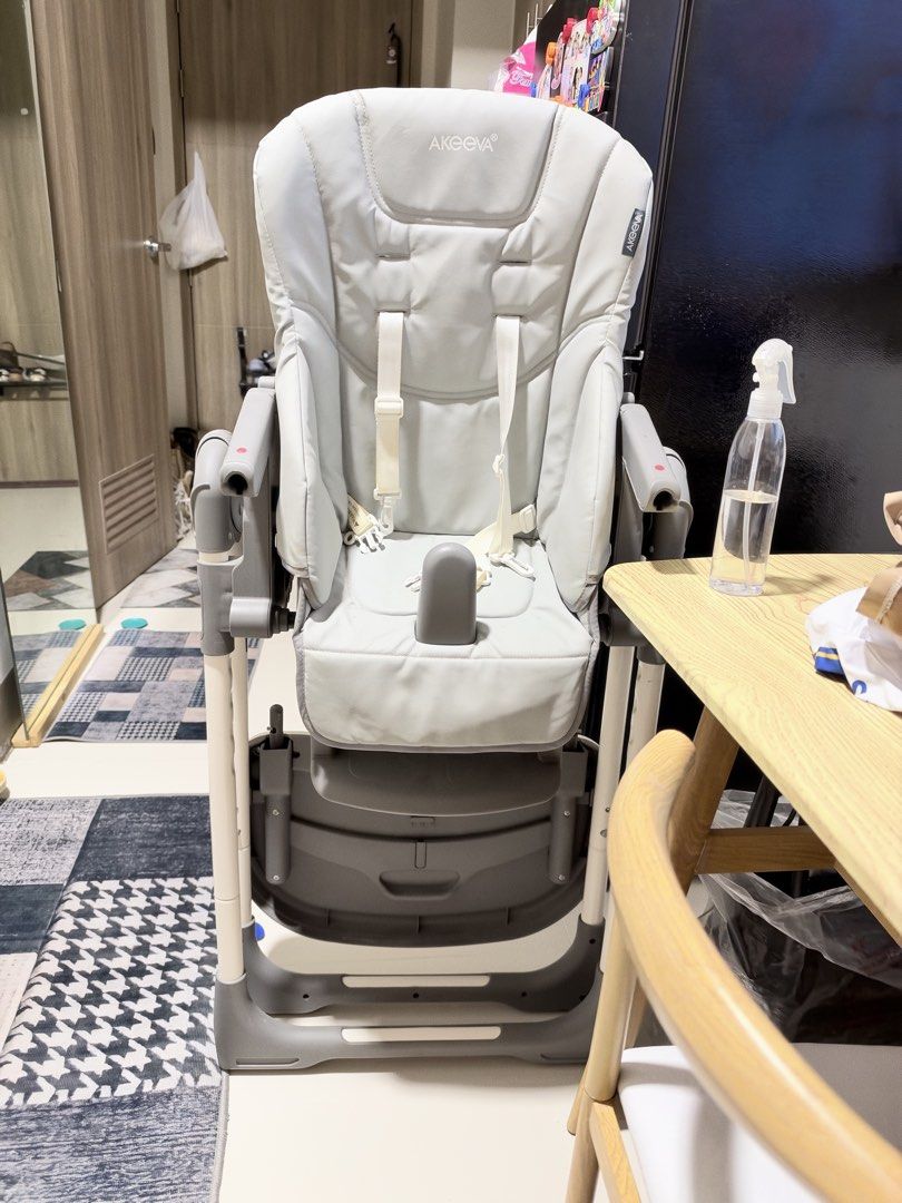Akeeva Baby High Chair Adjustable Grey (Category: Baby High Chairs) located in Manila. Submitted by heraaakim (Listing ID 1470669271, Image 1). Description: - Brand: Akeeva adjustable baby high chair. Reclining - Color: Neutral grey and white, matches any dining room - Safety: Equipped with secure white safety straps and harness - Comfort: Well-padded seating for your little one - Features: Sturdy frame with easy height adjustment mechanism - Con