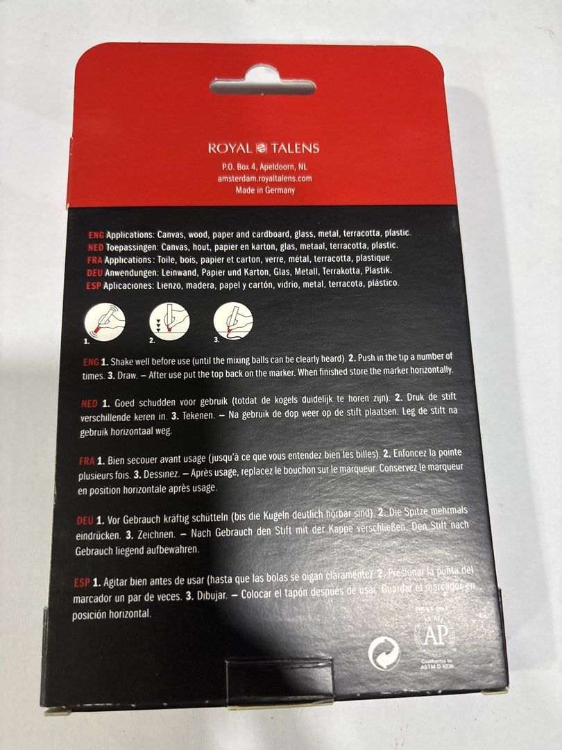 Amsterdam Acrylic Marker Intro Pack 4mm Round Nib (Category: Craft Supplies & Tools) located in Mandaluyong City. Submitted by clothescarousel (Listing ID 1470684175, Image 3). Description: - Brand: Royal Talens Amsterdam (Made in Germany) - Condition: Brand new, unopened box with fully intact packaging - Colors: Primary Yellow, Pyrrole Red, Phthalo Blue, and Oxide Black - Nib Size: Medium 4mm round nibs - Versatile: Works great on canvas, wood, 