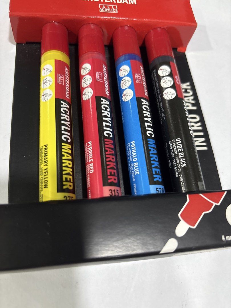 Amsterdam Acrylic Marker Intro Pack 4mm Round Nib (Category: Craft Supplies & Tools) located in Mandaluyong City. Submitted by clothescarousel (Listing ID 1470684175, Image 2). Description: - Brand: Royal Talens Amsterdam (Made in Germany) - Condition: Brand new, unopened box with fully intact packaging - Colors: Primary Yellow, Pyrrole Red, Phthalo Blue, and Oxide Black - Nib Size: Medium 4mm round nibs - Versatile: Works great on canvas, wood, 
