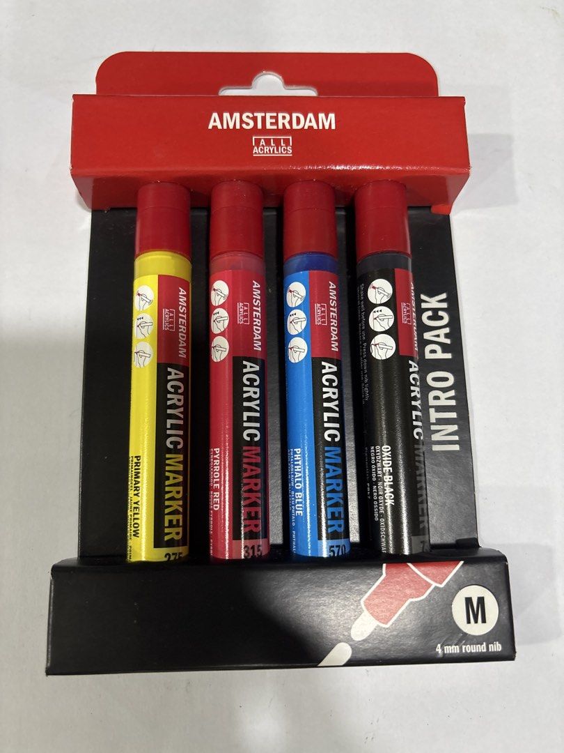 Amsterdam Acrylic Marker Intro Pack 4mm Round Nib (Category: Craft Supplies & Tools) located in Mandaluyong City. Submitted by clothescarousel (Listing ID 1470684175, Image 1). Description: - Brand: Royal Talens Amsterdam (Made in Germany) - Condition: Brand new, unopened box with fully intact packaging - Colors: Primary Yellow, Pyrrole Red, Phthalo Blue, and Oxide Black - Nib Size: Medium 4mm round nibs - Versatile: Works great on canvas, wood, 
