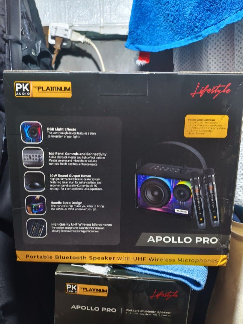 Apollo Pro Portable Bluetooth Speaker (Category: Soundbars, Speakers & Amplifiers) located in Quezon City. Submitted by prinzd014 (Listing ID 1470605978, Image 2). Description: - Model: PK Audio Apollo Pro Portable Bluetooth Speaker - Power Output: 50W with customizable EQ settings and built-in air duct for deep bass - Microphones: Includes 2 wireless UHF microphones for singing and performances - Lighting: Vibrant RGB light effects to set the mo