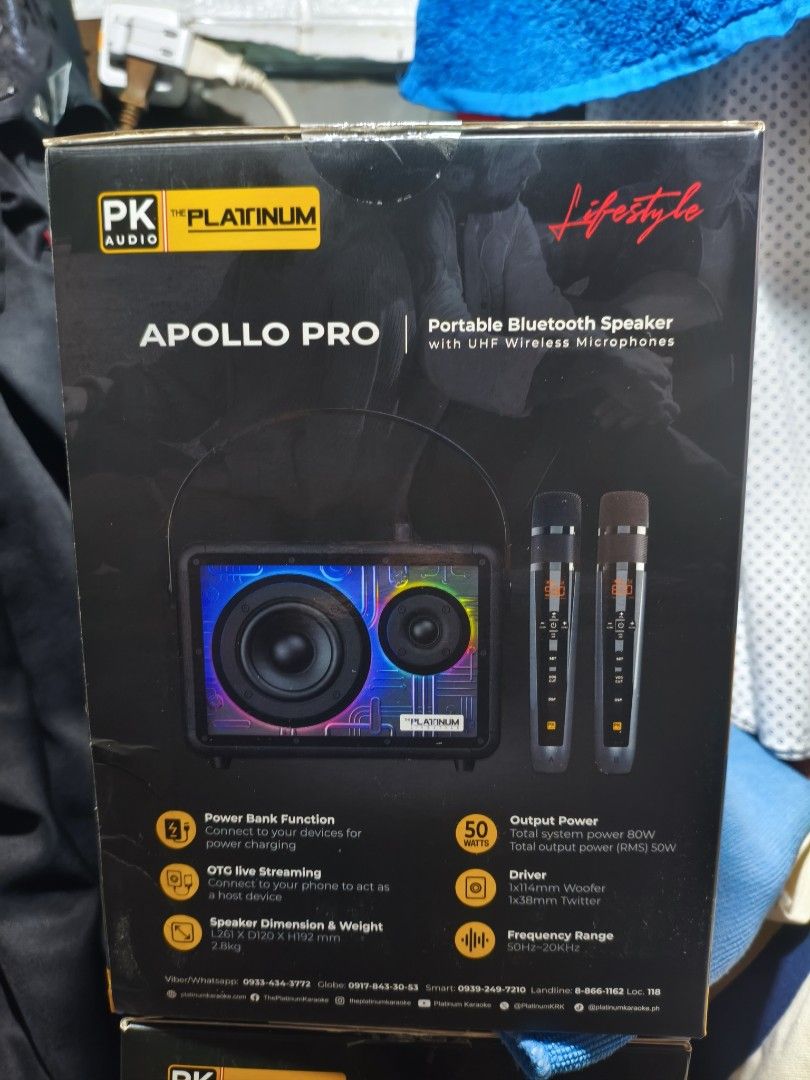 Apollo Pro Portable Bluetooth Speaker (Category: Soundbars, Speakers & Amplifiers) located in Quezon City. Submitted by prinzd014 (Listing ID 1470605978, Image 3). Description: - Model: PK Audio Apollo Pro Portable Bluetooth Speaker - Power Output: 50W with customizable EQ settings and built-in air duct for deep bass - Microphones: Includes 2 wireless UHF microphones for singing and performances - Lighting: Vibrant RGB light effects to set the mo