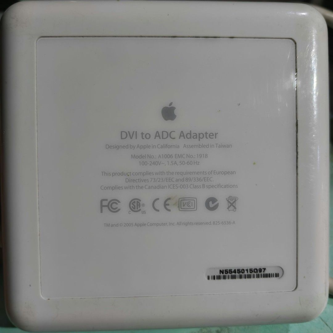 Apple DVI to ADC Adapter Model A1006 (Category: Cables & Adaptors) located in Pinamalayan. Submitted by Bellerin.18 (Listing ID 1470562848, Image 1). Description: Price is negotiable. - Authentic Apple DVI to ADC Adapter (Model A1006, EMC 1918) - Assembled in Taiwan with durable white plastic housing - Includes integrated power supply and attached cabling - Serial Number: N5545015Q97 - Perfect for vintage Apple Cinema Display setups 📍 Location: 