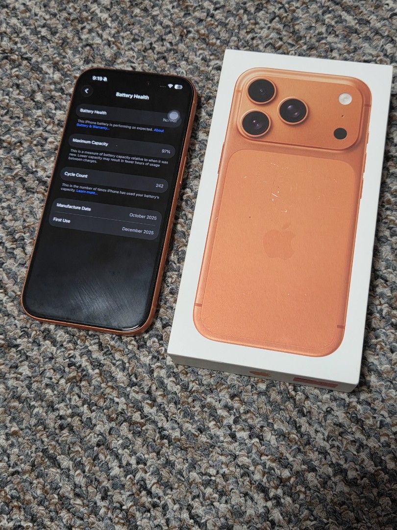Apple iPhone17pro 256gb (Category: iPhone 17 Series) located in Manila. Submitted by thebestre (Listing ID 1470569347, Image 1). Description: - Color/Design: Vibrant orange with a cute Kitty sticker decal on the triple camera bump - Battery Health: Excellent at 97% with only 242 cycle counts - History: First used in December 2025 - Inclusions: Comes complete with the original box packaging - Condition: Well-maintained and ready to use.
