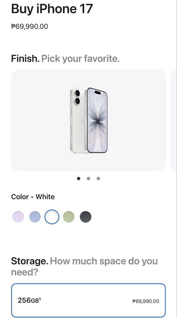 Apple iPhone 17 256GB White (Category: iPhone 17 Series) located in Pasig City. Submitted by katecloset0405 (Listing ID 1470567430, Image 3). Description: - Brand new and sealed - Includes USB-C charge cable inside the box - SRP is ₱69,990.00 on the Apple PH website, selling lower as this is an extra phone 😊 RFS: Won in raffle.