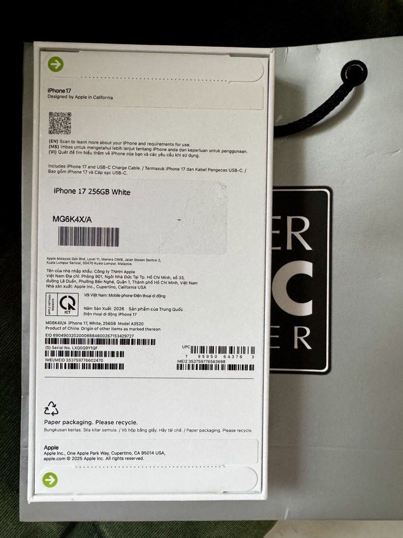Apple iPhone 17 256GB White (Category: iPhone 17 Series) located in Pasig City. Submitted by katecloset0405 (Listing ID 1470567430, Image 2). Description: - Brand new and sealed - Includes USB-C charge cable inside the box - SRP is ₱69,990.00 on the Apple PH website, selling lower as this is an extra phone 😊 RFS: Won in raffle.