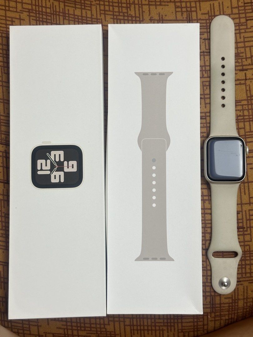 Apple Watch SE GPS + Cellular (Category: Wearables & Smart Watches) located in Manila. Submitted by thebeloved82917 (Listing ID 1470688802, Image 2). Description: Apple Watch SE (GPS + Cellular) * Size: 41mm * Case: Starlight Aluminum * Band: Starlight Sport Band (S/M) * Condition: Used but not abused, with slight scratches from normal use. Perfect for running, walking, gym workouts, and everyday use. Track your fitness and daily activity, receiv