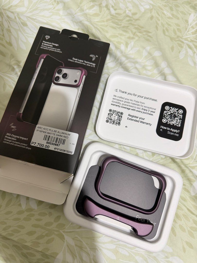 Arc case pulse (Category: Cases & Sleeves) located in Manila. Submitted by maxxxx.91 (Listing ID 1470698422, Image 1). Description: - Brand: Arc Pulse - Model Compatibility: iPhone 18 Pro Max (IP18PMX) and 17 pro Max - Color: Matte Dark red Burgundy - Material: Premium aerospace-grade aluminum - Condition: Brand new in box with complete packaging - Features: 360-degree impact protection, strategic bumpers for corners and camera, slide-on fit desi