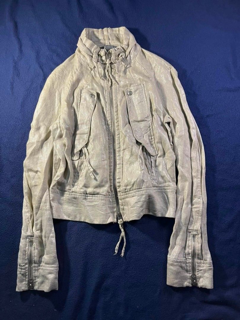 Archive Moto jacket ARMANI EXCHANGE (Category: Coats, Jackets and Outerwear) located in Zamboanga. Submitted by abubazir7 (Listing ID 1470726796, Image 1). Description: Archive Armani Exchange Vintage Moto Biker Jacket features a light gray/cream washed aesthetic, a double-zip front closure, zippered cuffs, a stand-up collar, and detailed snap-button flap chest pockets early-2000s Y2K utilitarian and cyber-grunge styles. Dimes Length " front 23 B