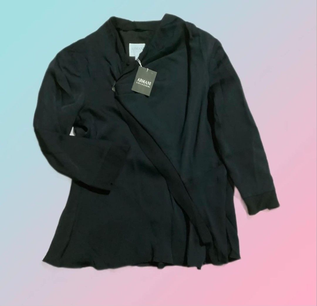 Armani Collezioni Black Asymmetric Zipper Jacket (Category: Coats, Jackets and Outerwear) located in Paranaque City. Submitted by calm_youngstore7 (Listing ID 1470687607, Image 3). Description: 80% OFF RETAIL! - Brand: Armani Collezioni - Color: Black - Condition: Brand new with original tags attached (Unworn) - Design: Asymmetric zipper front with a stylish cowl neck collar - Sleeves: Three-quarter length - Fit/Measurements: Chest width measures