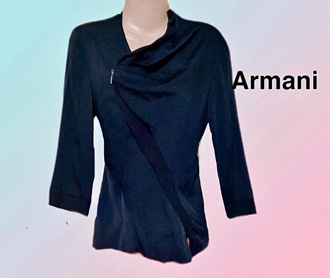Armani Collezioni Black Asymmetric Zipper Jacket (Category: Coats, Jackets and Outerwear) located in Paranaque City. Submitted by calm_youngstore7 (Listing ID 1470687607, Image 1). Description: 80% OFF RETAIL! - Brand: Armani Collezioni - Color: Black - Condition: Brand new with original tags attached (Unworn) - Design: Asymmetric zipper front with a stylish cowl neck collar - Sleeves: Three-quarter length - Fit/Measurements: Chest width measures