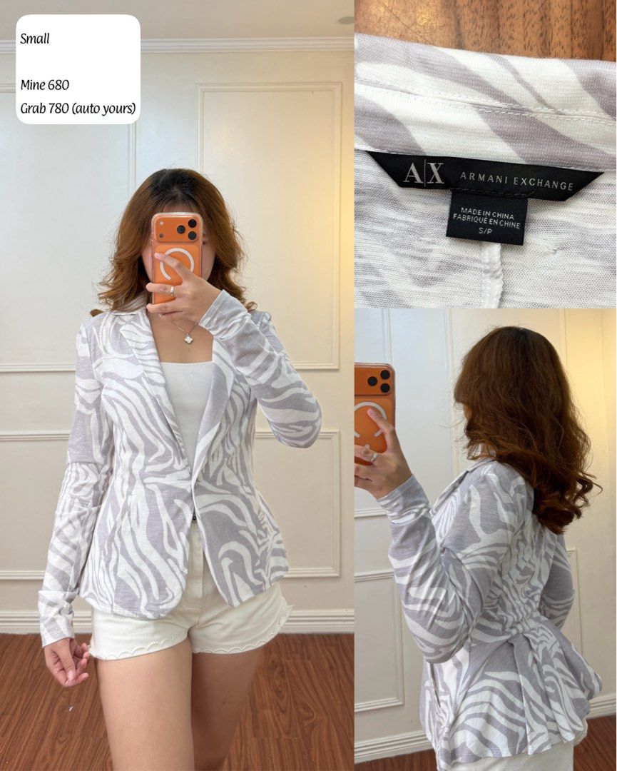 Armani Exchange Zebra Print Blazer Size S (Category: Coats, Jackets and Outerwear) located in Manila. Submitted by angelll0123 (Listing ID 1470706339, Image 1). Description: - Brand: Armani Exchange - Style: White and grey zebra pattern blazer - Size: Small - Material: Lightweight knit - Details: Single button front closure, fitted cut with a slightly flared hem at the back - Condition: Great piece for smart casual outfits (tag shown in photos).