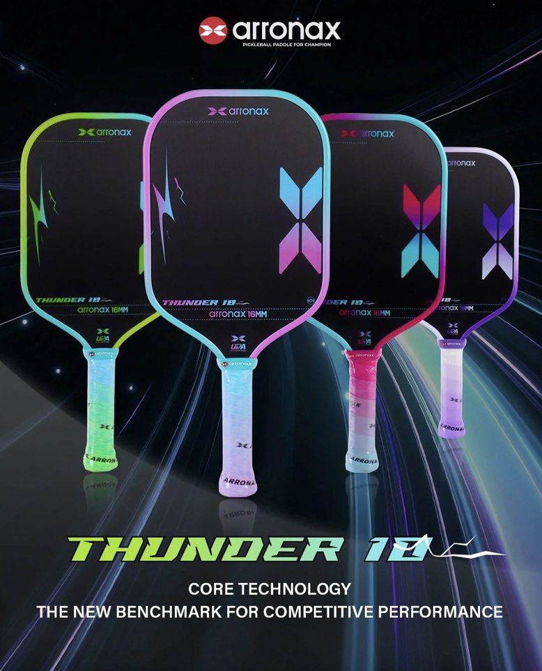 Arronax Thunder 10 Pickleball Paddle 16mm (Category: Racket and Ball Sports) located in Taguig. Submitted by emmanuelfutaalan (Listing ID 1470589907, Image 1). Description: - Model: Arronax Thunder 18 Pickleball Paddle - Thickness: 16mm high-performance core built for competitive play - Certification: UPA approved paddle face - Design: Vibrant gradient colorways with striking edge designs (Green, Blue, Pink, and Purple handles available) - Condit