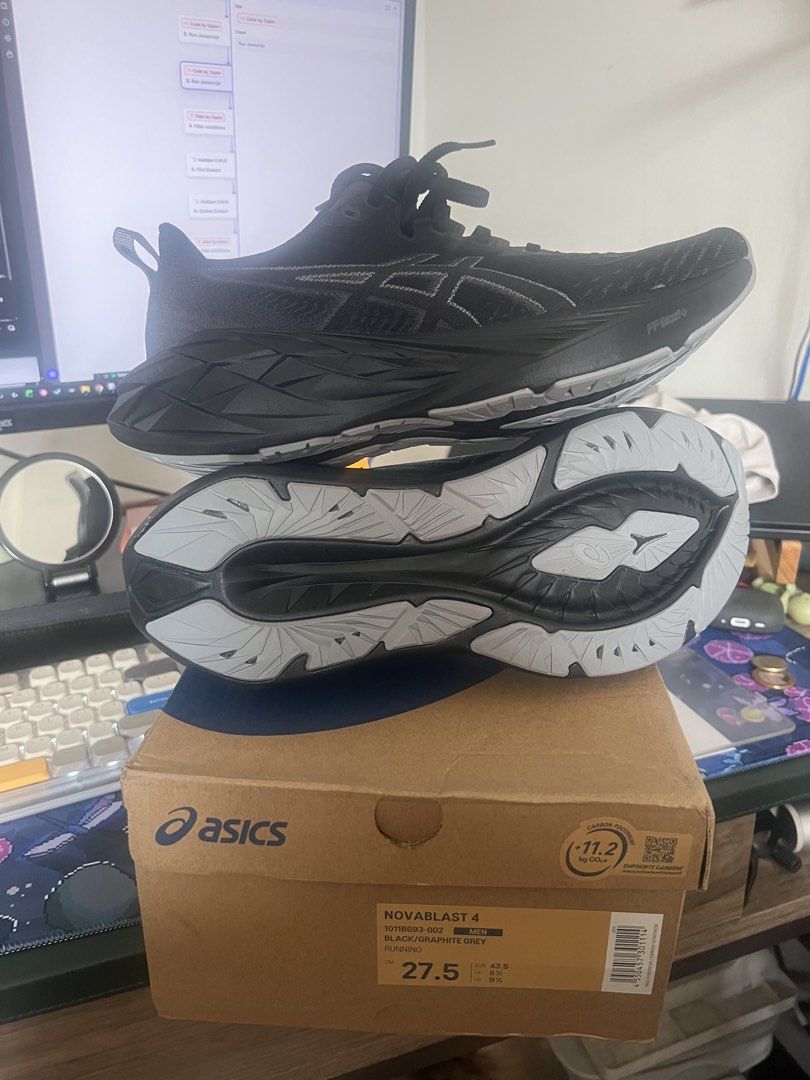 Asics Novablast 4 Black Graphite Grey Size US 9.5 (Category: Sneakers) located in Manila. Submitted by manimtim.joy (Listing ID 1470578122, Image 2). Description: - Brand: Asics - Model: Novoblast 4 (1011B693-002) - Color: Black and Graphite Grey - Size: US 9.5 / UK 8.5 / EUR 43.5 / CM 27.5 - Condition: Brand new, never worn, straight out of the original box - Sole & Upper: Perfectly clean outsoles and pristine uppers.