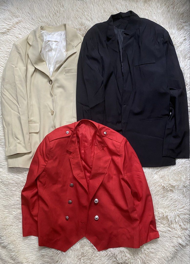 Assorted Blazers Bundle Black Beige Red (Category: Coats, Jackets and Outerwear) located in Manila. Submitted by switchcity (Listing ID 1470598690, Image 1). Description: - Bundle of 3 stylish blazers for multiple outfit options - Classic black two-button blazer - Beige single-breasted jacket featuring white satin lining and Browns brand tag - Striking red military-style jacket with epaulets and silver star buttons - Exact measurements and sizes 
