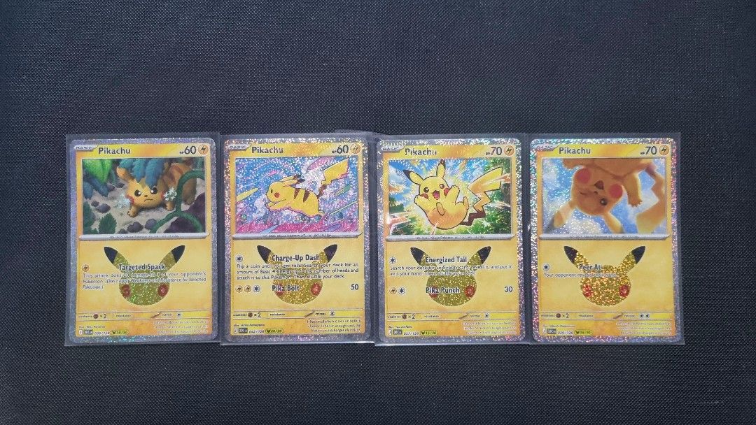 Assorted characters (Category: Raw Singles) located in Manila. Submitted by aiconnn (Listing ID 1470603945, Image 2). Description: Pokemon 30th celebration pm for the prices pikachu 200 each Location: San Juan City MOP: gcash or bank MOD: lalamove, j&t, lbc Meetup: around san juan .