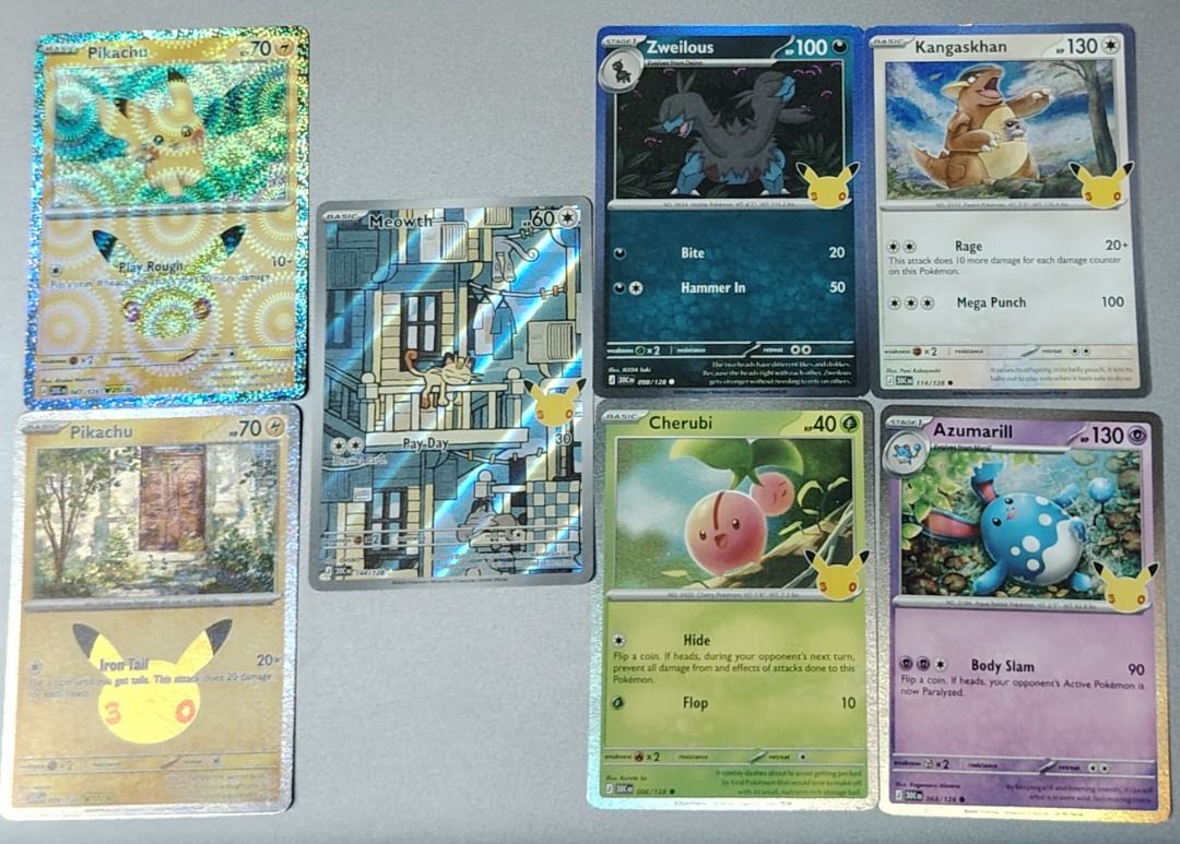 Assorted characters (Category: Raw Singles) located in San Fernando. Submitted by kondotime (Listing ID 1470695712, Image 1). Description: Pikachu 25 Pikachu 17 Meowth IR 143/128 Zweilous Kangaskhan Cherubi Azumarill + Free cards (Palkia from 30th, etc) 45 pesos lang po sf through Jnt Can meetup within Binondo only.