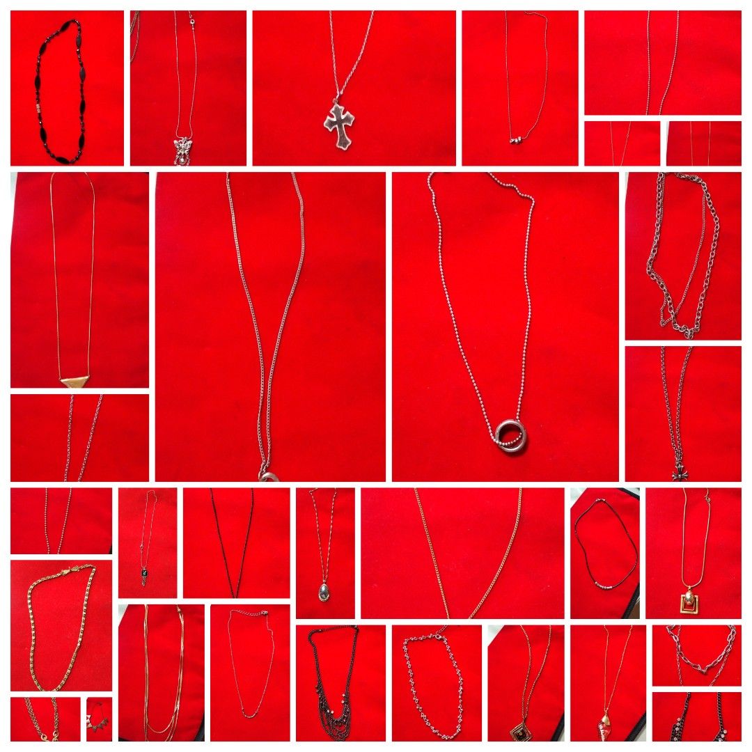 Assorted Necklace Collection (Category: Necklaces) located in General Mariano Alvarez. Submitted by ma.miafajardo1219 (Listing ID 1470635440, Image 1). Description: - Variety of trendy necklace styles: cross pendants, beaded chains, interlocking rings, geometric shapes, and layered designs - Color options: Silver tone, gold tone, and black - Features different chain lengths and thicknesses - Great for mixing and matching with various outfits - Av
