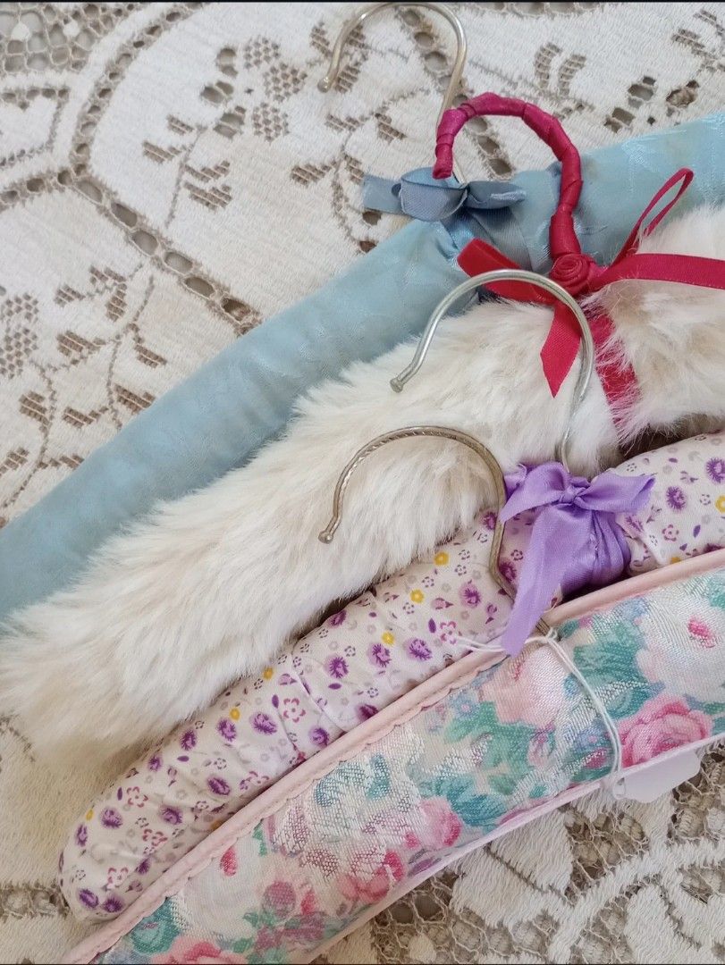 🎀Assorted Padded Hangers 🎀 (Category: Hooks & Hangers) located in Balanga. Submitted by marae_c (Listing ID 1470670558, Image 2). Description: A.) Blue Vintage Satin silk Hanger -80.00 In very good condition. Has minimal storage stains. Sign of use. Still very pretty and hq material. B.) White Fur Rossete Hanger - 185.00 In very good condition. Like new, minimal dirt sa ribbon cover nya. Has lovely rossete detail sa may bow. Super cutesy nito! 