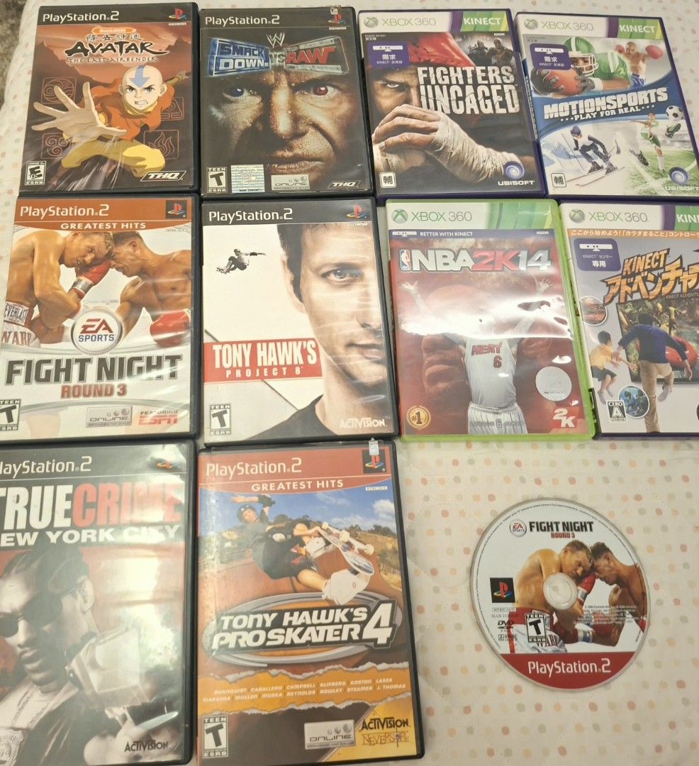 Assorted PlayStation 2 and Xbox 360 Video Games (Category: PlayStation) located in Antipolo. Submitted by cheche2111 (Listing ID 1470615202, Image 1). Description: - Platform: PlayStation 2 & Xbox 360 game bundle - Game Titles: Avatar The Last Airbender, WWE SmackDown vs * Raw, Fighters Uncaged, MotionSports, Fight Night Round 3 (loose disc), Tony Hawk's Project 8, NBA 2K14, Kinect Adventures, True Crime New York City, Tony Hawk's Pro Skater 4 - 