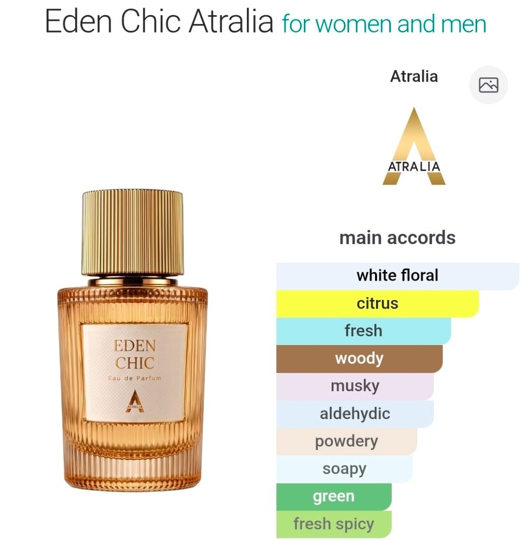 Atralia Eden Chic Eau de Parfum (Category: Fragrance & Deodorants) located in Makati City. Submitted by declutternow_85 (Listing ID 1470563813, Image 2). Description: - Inspired by Carolina Herrera Cedar Chic - Volume: 100ml (Full bottle, as shown in photos) - Gender: Unisex - Main Accords: White floral, citrus, fresh, woody, musky, aldehydic, powdery, soapy, green, and fresh spicy notes 📍 Makati.