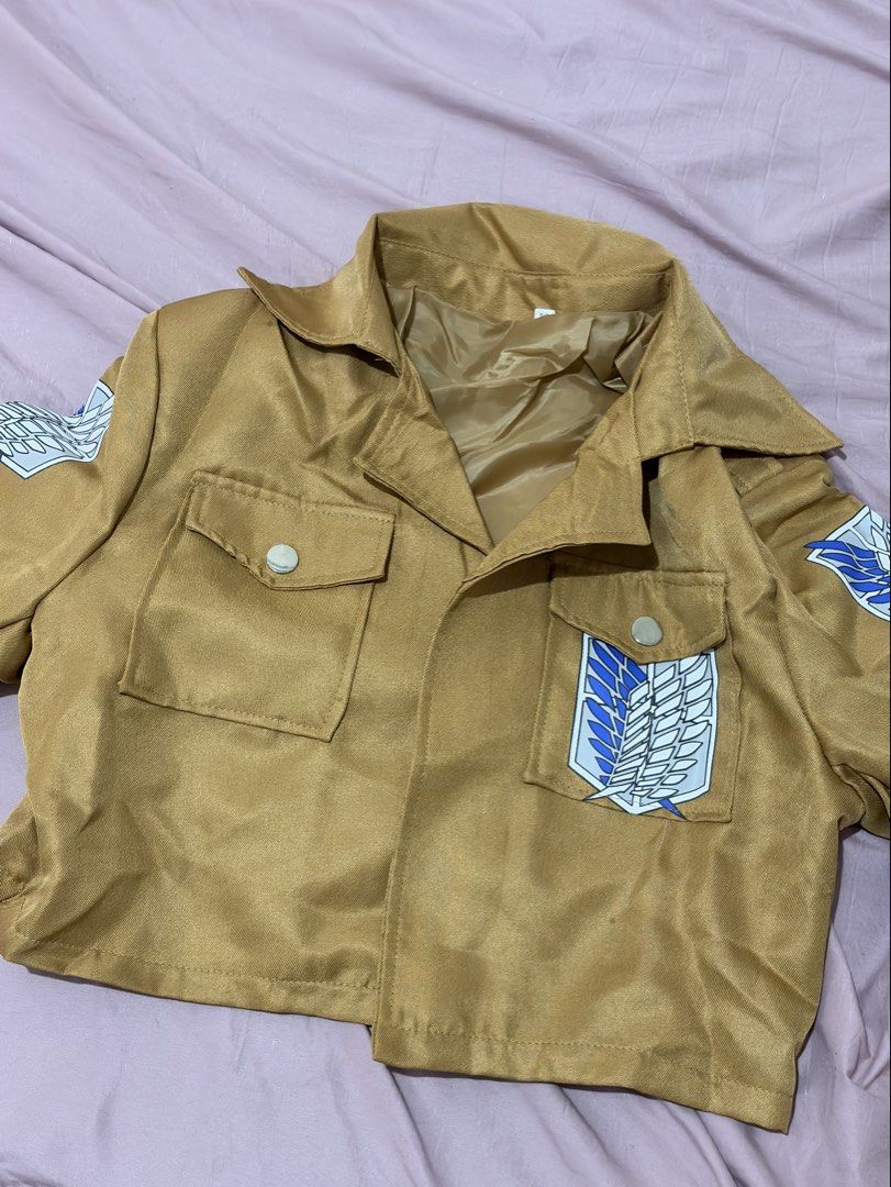 Attack on Titan Scout Regiment Cosplay Jacket (Category: Coats, Jackets and Outerwear) located in Paranaque City. Submitted by aruaree (Listing ID 1470610099, Image 1). Description: - Attack on Titan Scout Regiment cosplay jacket (Size: Medium) - Classic brown cropped design with collar and button-down front pocket - Ideal for anime conventions, Halloween, and cosplay events - used once ₱250 + lalamove sf (c/o by buyer).