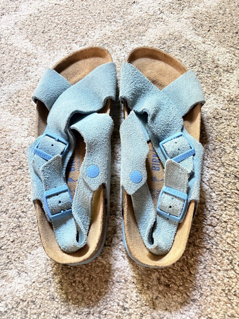 Auth Preloved Birkenstock Tulum Sandals (Category: Slippers and slides) located in Paranaque City. Submitted by silentstone.dolphin (Listing ID 1470653884, Image 2). Description: Suede Leather.. Color Blue.. Soft Footbed.. Visible Print.. Size 39N.. Super Pretty in Actual😍.