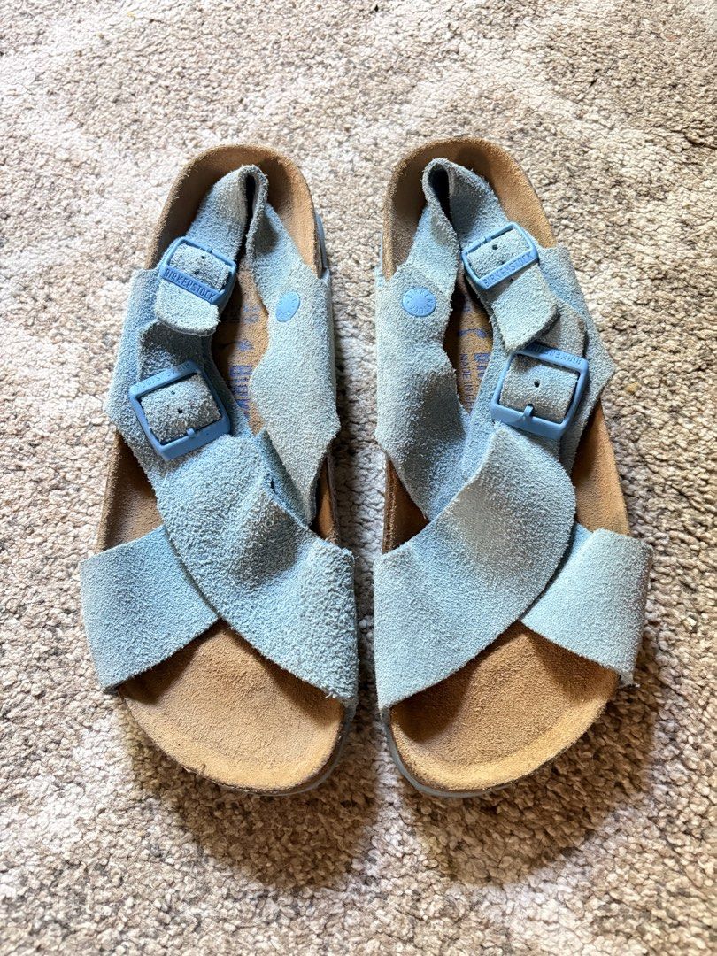 Auth Preloved Birkenstock Tulum Sandals (Category: Slippers and slides) located in Paranaque City. Submitted by silentstone.dolphin (Listing ID 1470653884, Image 1). Description: Suede Leather.. Color Blue.. Soft Footbed.. Visible Print.. Size 39N.. Super Pretty in Actual😍.