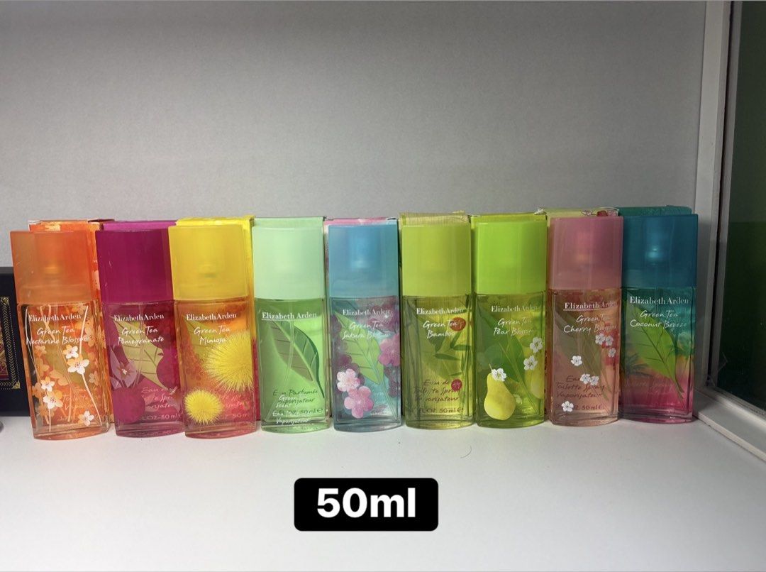 Authentic Elizabeth Arden 50ml take all for 3000 pesos (Category: Fragrance & Deodorants) located in Bulacan. Submitted by mangoloviiee (Listing ID 1470665212, Image 1). Description: - Brand: Elizabeth Arden Green Tea Collection - Volume: 50ml per bottle - Type: Eau de Toilette / Eau Parfumée Spray - Available Scents: Nectarine Blossom, Pomegranate, Mimosa, Bamboo, Sakura Blossom, Pear Blossom, Cherry Blossom, and Coconut Breeze - Ideal for colle