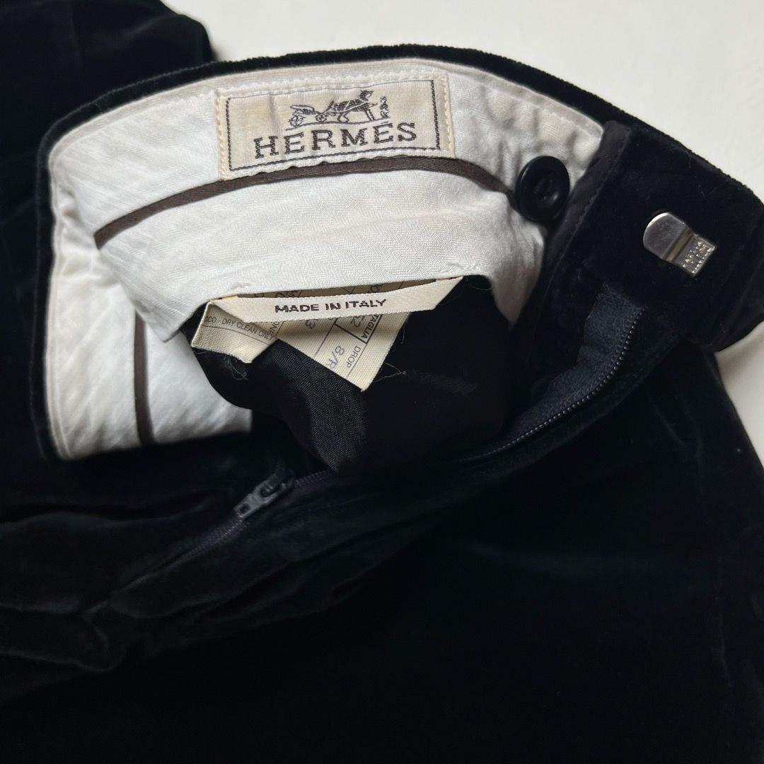 Authentic Hermès Black Velvet Trousers (Category: Trousers) located in Caloocan City. Submitted by achilles_grails (Listing ID 1470565114, Image 3). Description: - Brand: Hermès - Color: Black - Origin: Made in Italy - Material: Soft velvet texture with clean interior lining - Fit: Classic tailored fit with a structured waistband - Closure: Front zip - Condition: Premium designer piece.