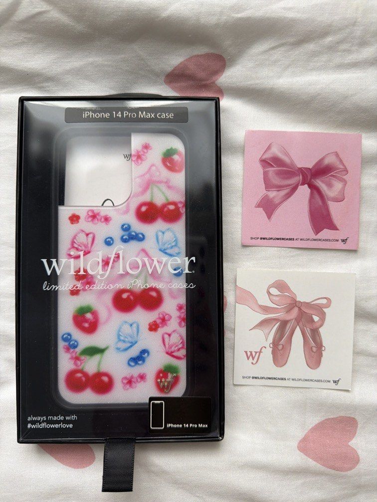 Authentic Wildflower Cases Cherry iPhone 14 Pro Max (Category: Cases & Sleeves) located in Las Pinas. Submitted by thealyssacloset (Listing ID 1470588592, Image 1). Description: RFS: Phone Upgrade 100% Authentic Comes with the stickers.
