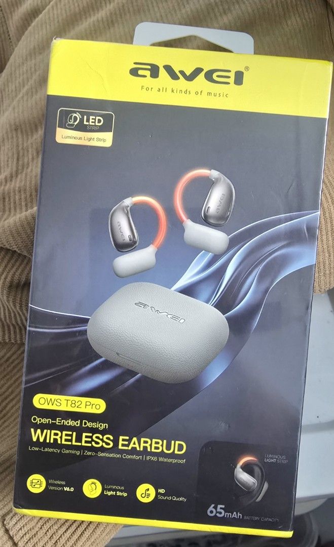 Awei OWS T82 Pro Wireless Earbuds (Category: Earphones) located in Manila. Submitted by joannahnat46410 (Listing ID 1470582734, Image 1). Description: - Brand new & unopened Awei OWS T82 Pro Open-Ended Wireless Earbuds - Striking yellow and black retail packaging - Latest Wireless V6.0 with low-latency gaming mode - Immersive HD sound quality with zero-sensation comfort fit - Stylish luminous light strip design on each earbud - Durable IPX6 water