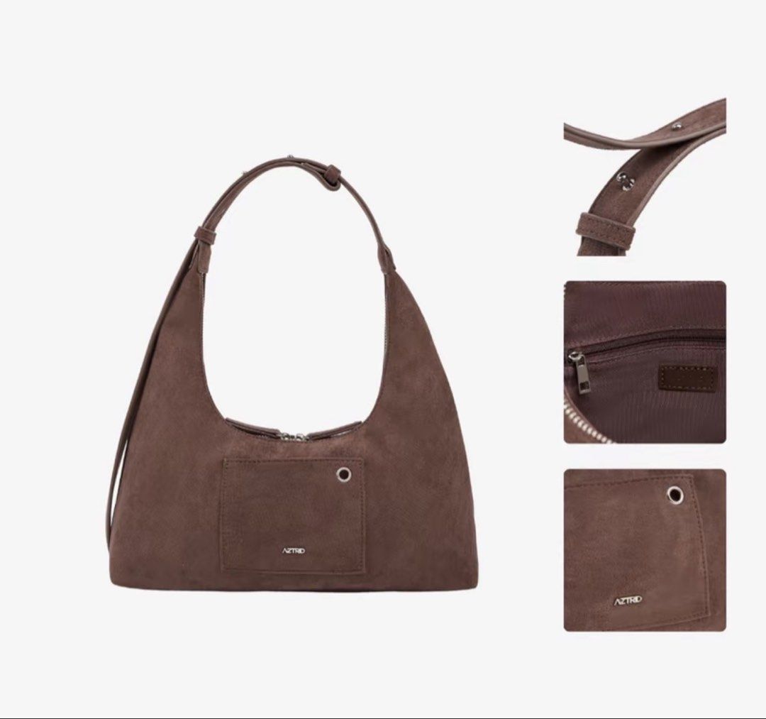 AZTRID Brown Suede Shoulder Bag (Category: Shoulder Bags) located in Quezon City. Submitted by annalizadm56552 (Listing ID 1470594307, Image 1). Description: - Brand: AZTRID - Material: Brown suede with dark brown fabric lining - Closure: Main zip closure with a secure inner zip pocket - Exterior: Front pocket with eyelet detail and metallic branding - Strap: Adjustable length with convenient snap buttons.