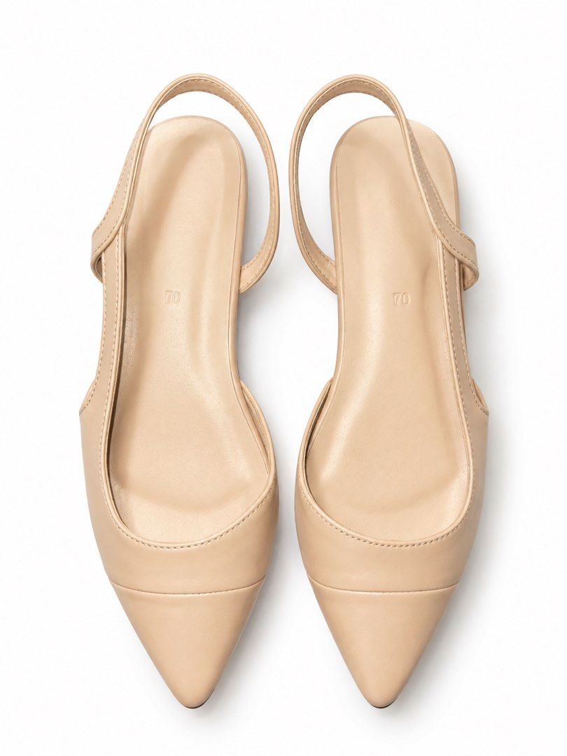 AZTRID Nude Pointed-Toe Slingback Flats (Category: Flats & Sandals) located in Cabanatuan. Submitted by wantsomethrifts (Listing ID 1470735994, Image 1). Description: - Style: Nude pointed-toe slingback flats with a chic minimalist design - Fit & Comfort: Low heel, secure elasticized back strap, and clean insoles - Size: Stamped size 70 - Finish: Smooth matte - Versatility: Pairs effortlessly with jeans or office wear.