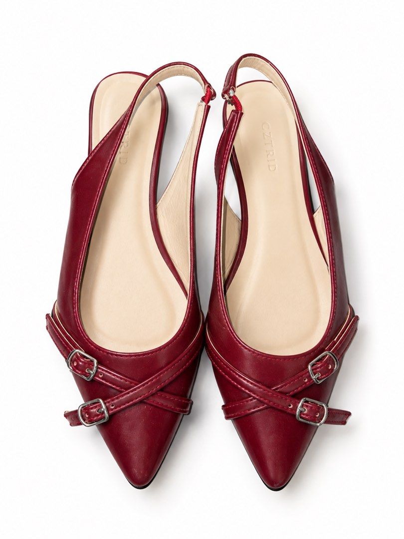 AZTRID Red Slingback Pointed Toe Flats with Buckles (Category: Flats & Sandals) located in Cabanatuan. Submitted by wantsomethrifts (Listing ID 1470735975, Image 1). Description: - Color: Deep red - Style: Pointed toe slingback flats with crossed front straps - Details: Silver-toned metal buckles, cream-colored branded insoles - Comfort: Elastic back strap for easy wear, minimal flat heel.