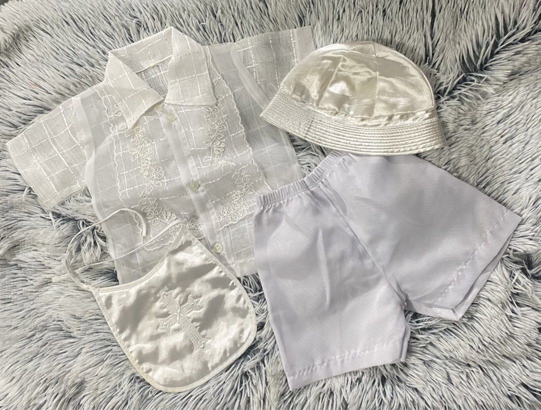 Baby Boy Baptismal Clothes (Category: Babies & Kids Fashion) located in Mandaluyong City. Submitted by aiztyle (Listing ID 1470607401, Image 1). Description: Baptismal Wear For your Baby Boy 3-6 months old Inclusions: -Comfy Barong style top -Garterized shorts -Bib -Hat Super SALE Php500.00 only.