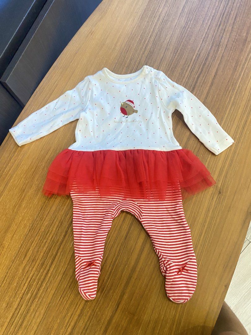 Baby costume Bundle (Category: Babies & Kids Fashion) located in Santa Rosa. Submitted by hoardqueensdeclutter (Listing ID 1470734199, Image 3). Description: Two adorable baby girl rompers with built-in tutu skirts. First one is grey with a cute cat face, black polka dots, and a grey tutu. Second one is white with red polka dots, a cute Christmas bird graphic reading 'Seasons tweetings', a red tutu, and red-and-white striped footed bottoms. Both 
